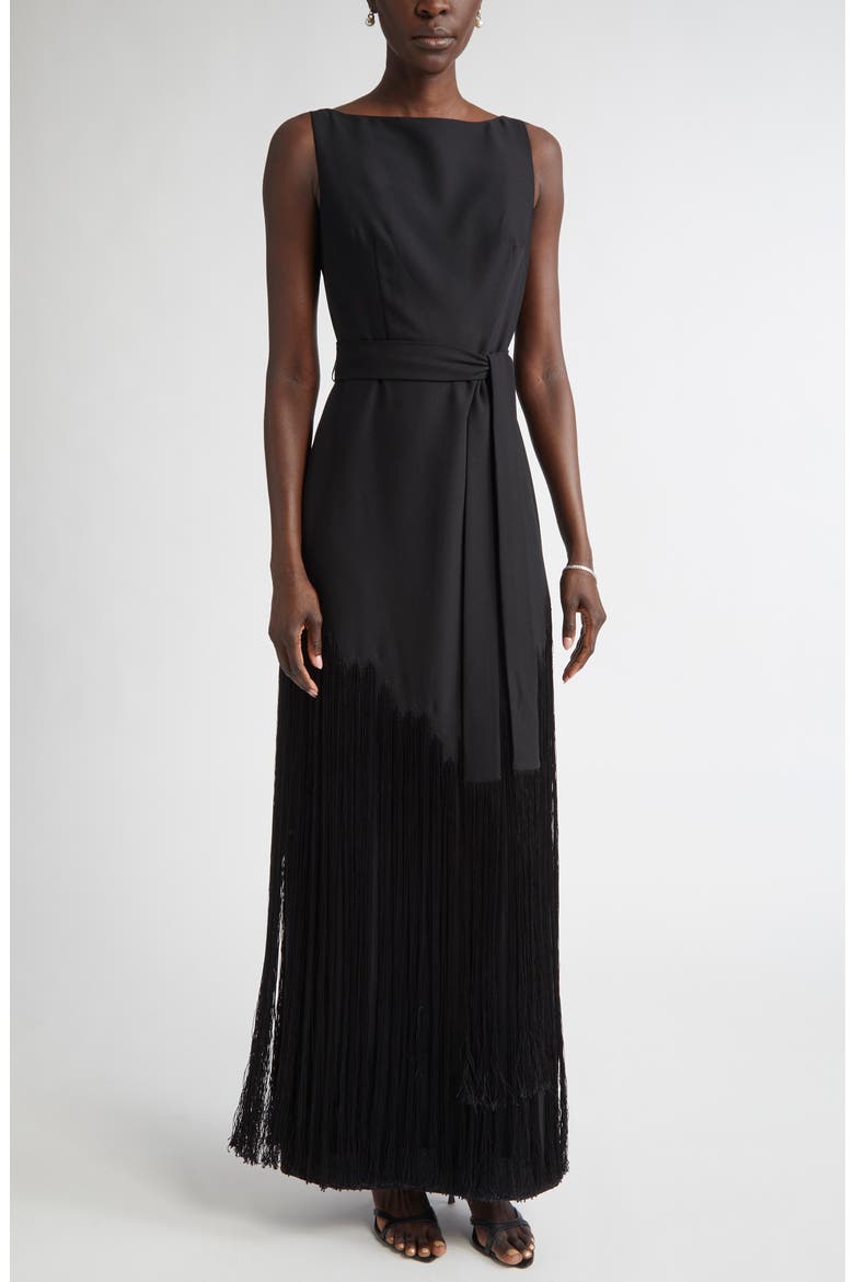 Audrey Fringe Sleeveless Belted Gown, Main, color, BLACK