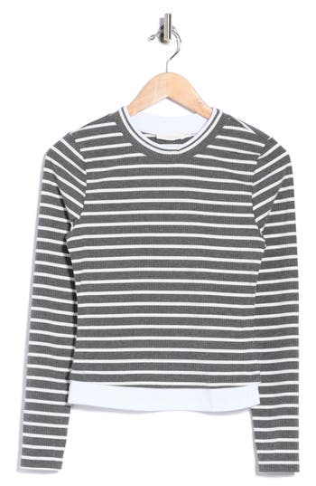 Lush Striped Long Sleeve Crewneck Knit Top In Heather Grey White