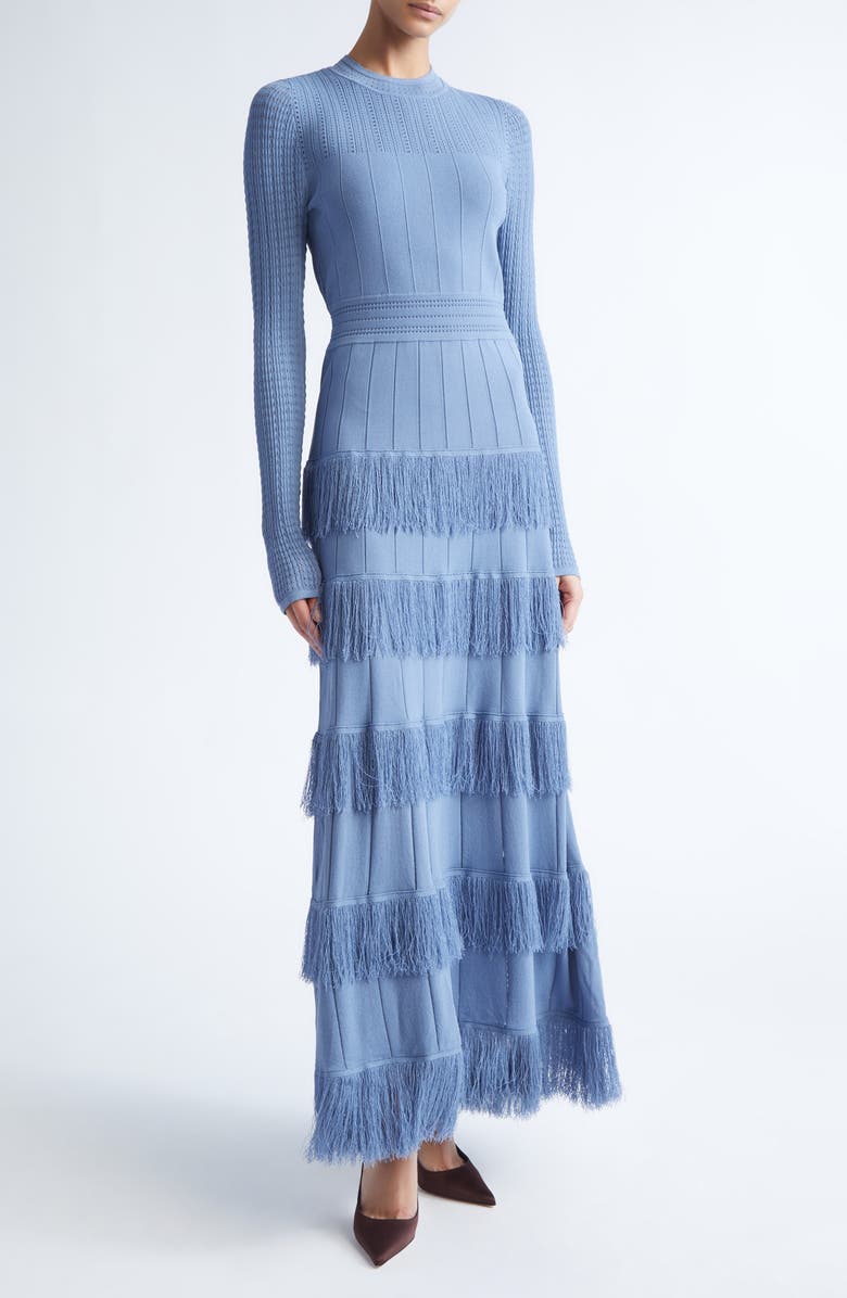 Lela Rose Piper Fringe Long Sleeve Sweater Dress, Main, color, Cornflower