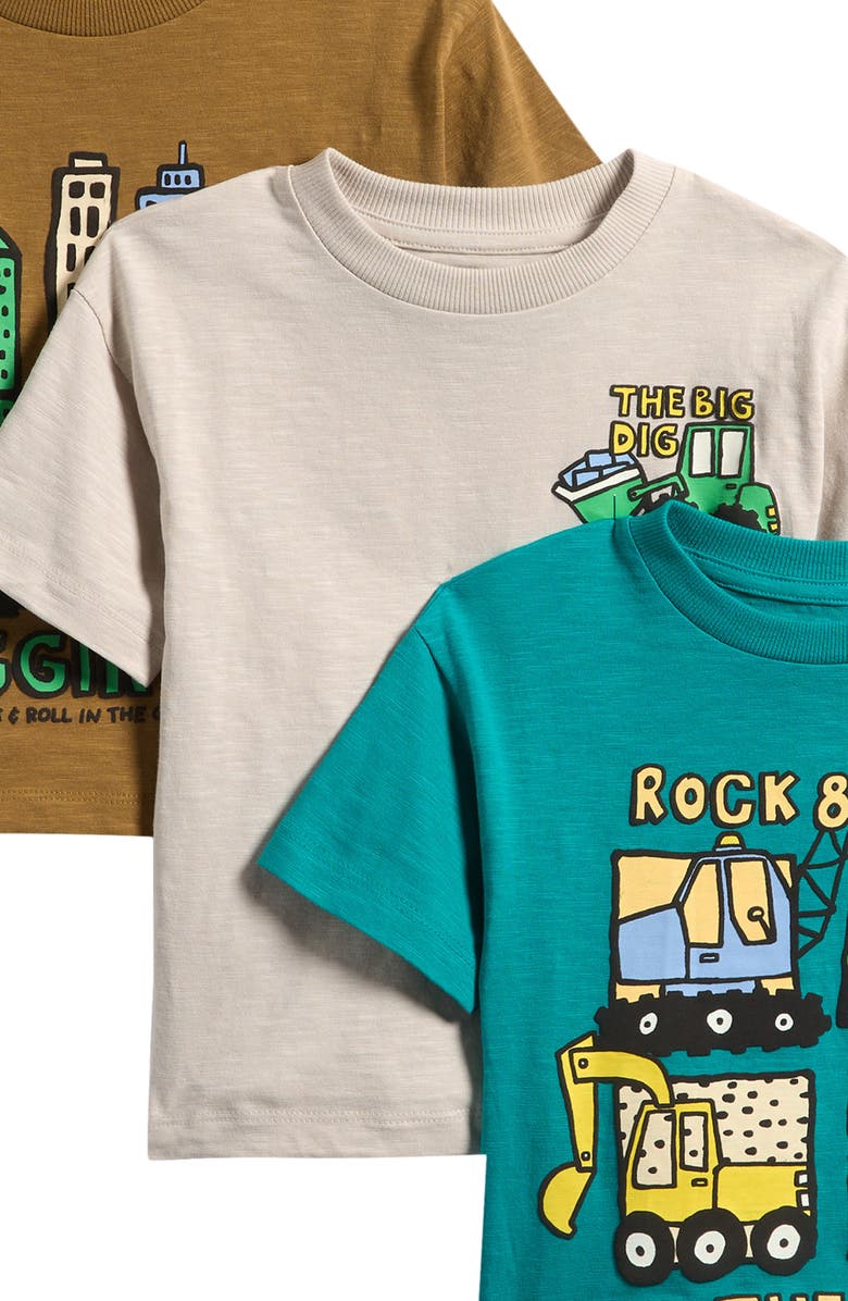NEXT Kids' Digger Assorted 3-Pack Cotton T-Shirts, Alternate, color, Green Multi