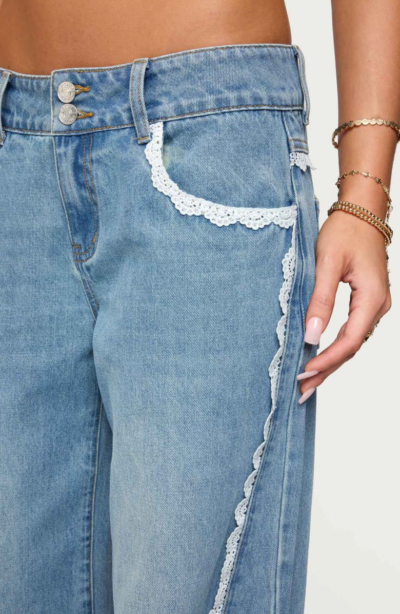 EDIKTED Alisha Lace Trim Low Rise Jeans, Alternate, color, Blue-Washed