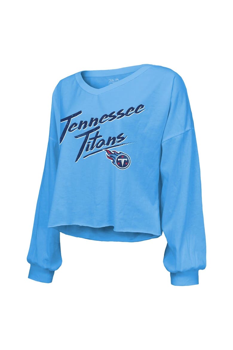 Women's Majestic Threads Cam Ward Light Blue Tennessee Titans 2025 NFL Draft First Round Pick Off-Shoulder Script Name & Number V-Neck T-Shirt, Alternate, color, Light Blue
