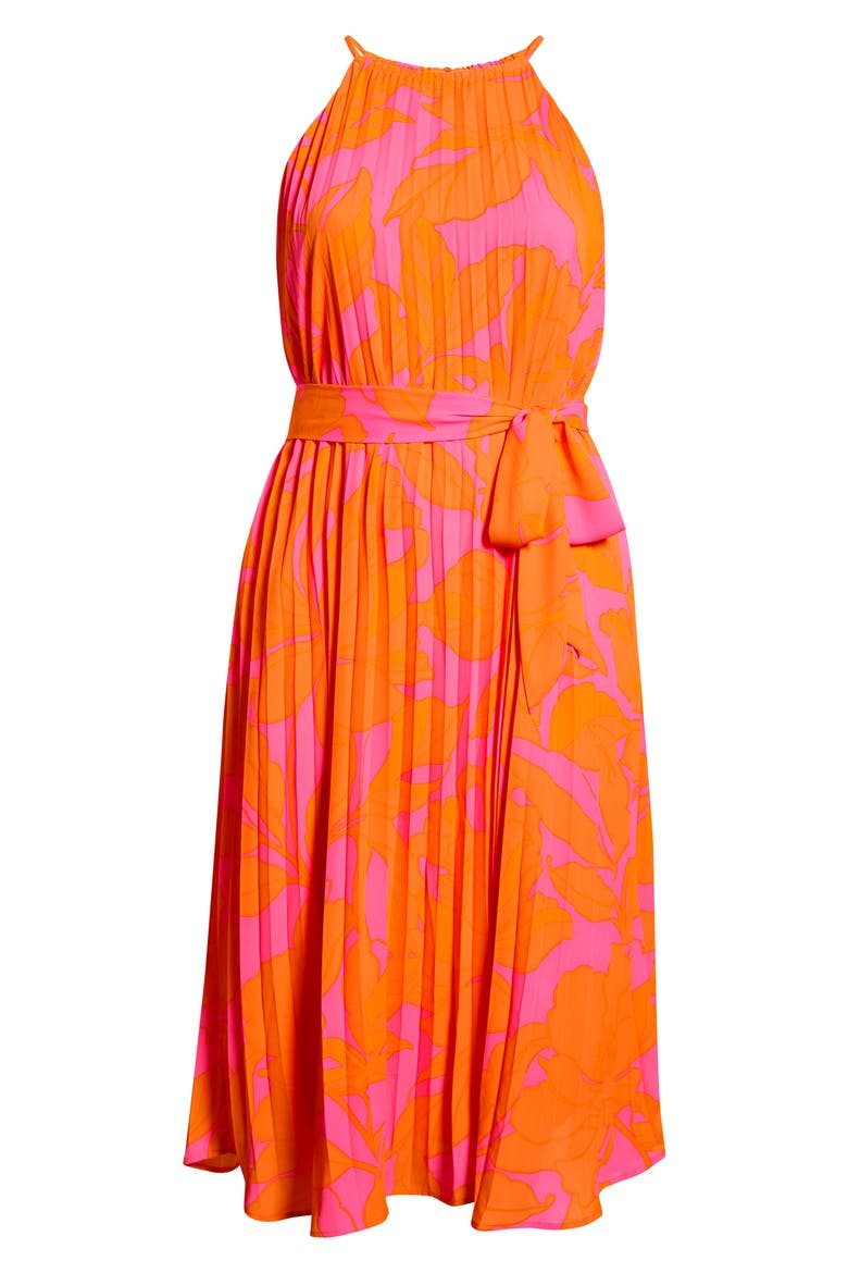 Mexia Floral Maly Pleated Midi Dress, Alternate, color, ORANGE-PINK-MUL