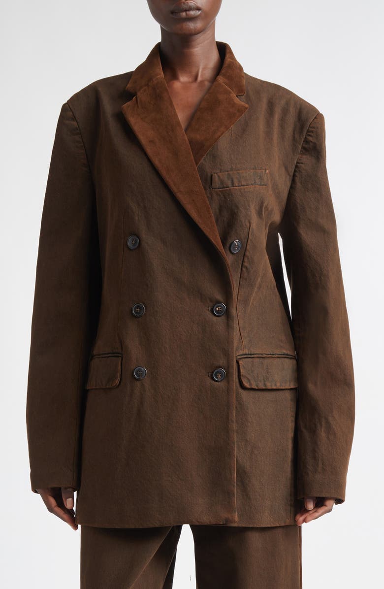 Dries Van Noten Bafya Velvet Trim Double Breasted Denim Blazer, Main, color, Brown