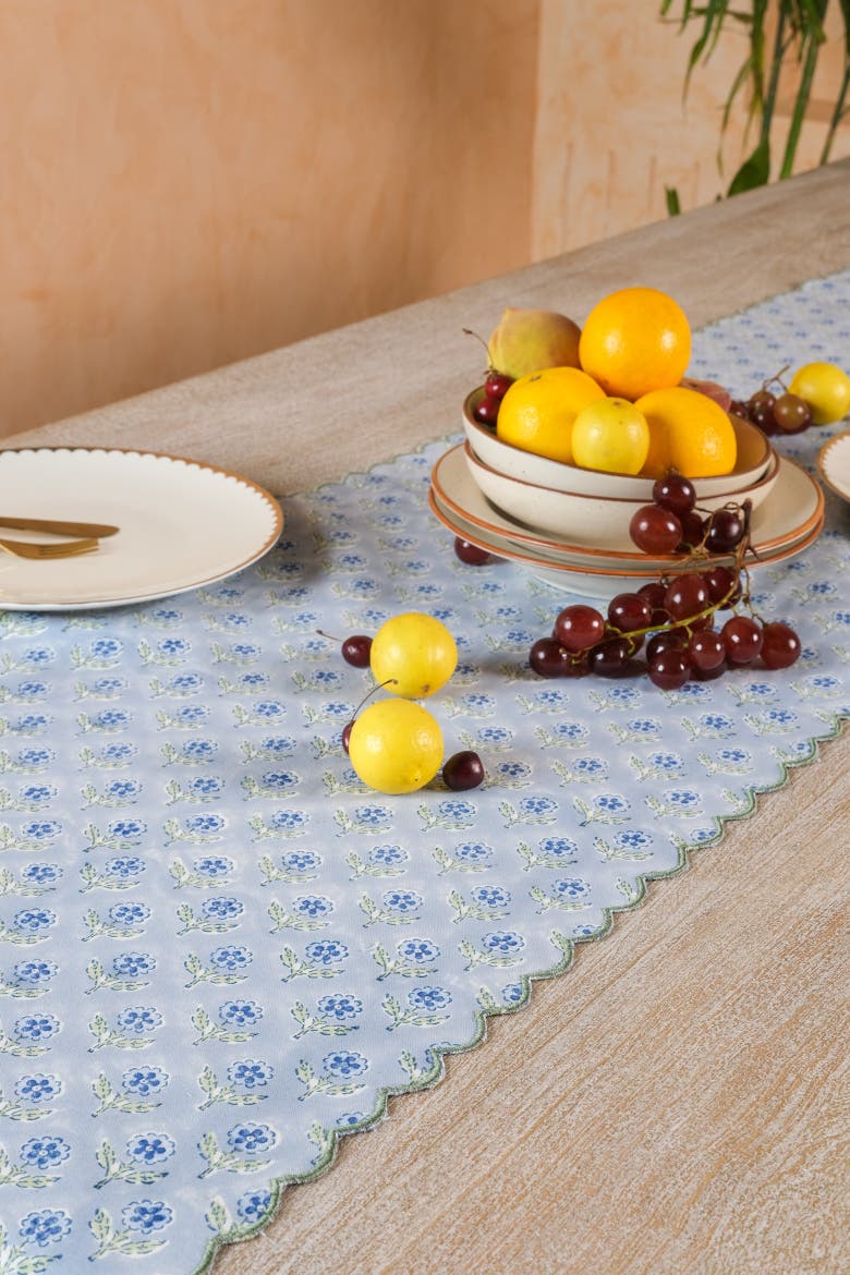 Mona Scallop Embroidered Blockprint Tablerunner, Alternate, color, Blue