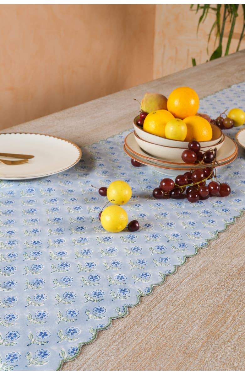 Inner Child Mona Scallop Embroidered Blockprint Tablerunner, Alternate, color, Blue