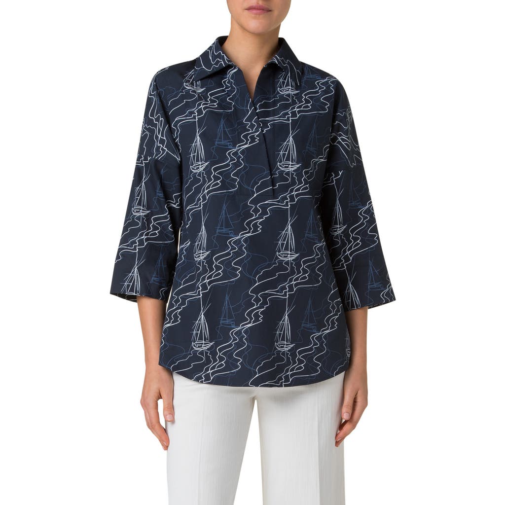 Shop Akris Punto Sailboat Print Poplin Tunic In Navy-cream