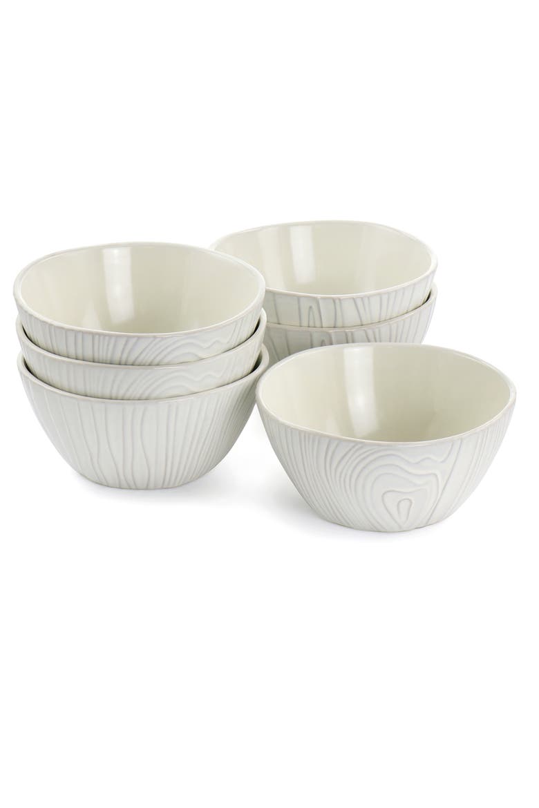 6 Piece Wood Patterned Cereal Bowl Set in Off-White, Alternate, color, White