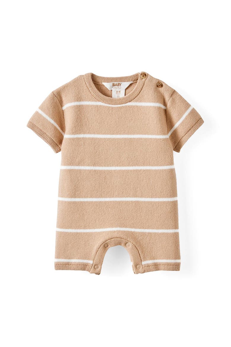 Organic Knit Short Sleeve All In One, Main, color, Latte Cream Stripe
