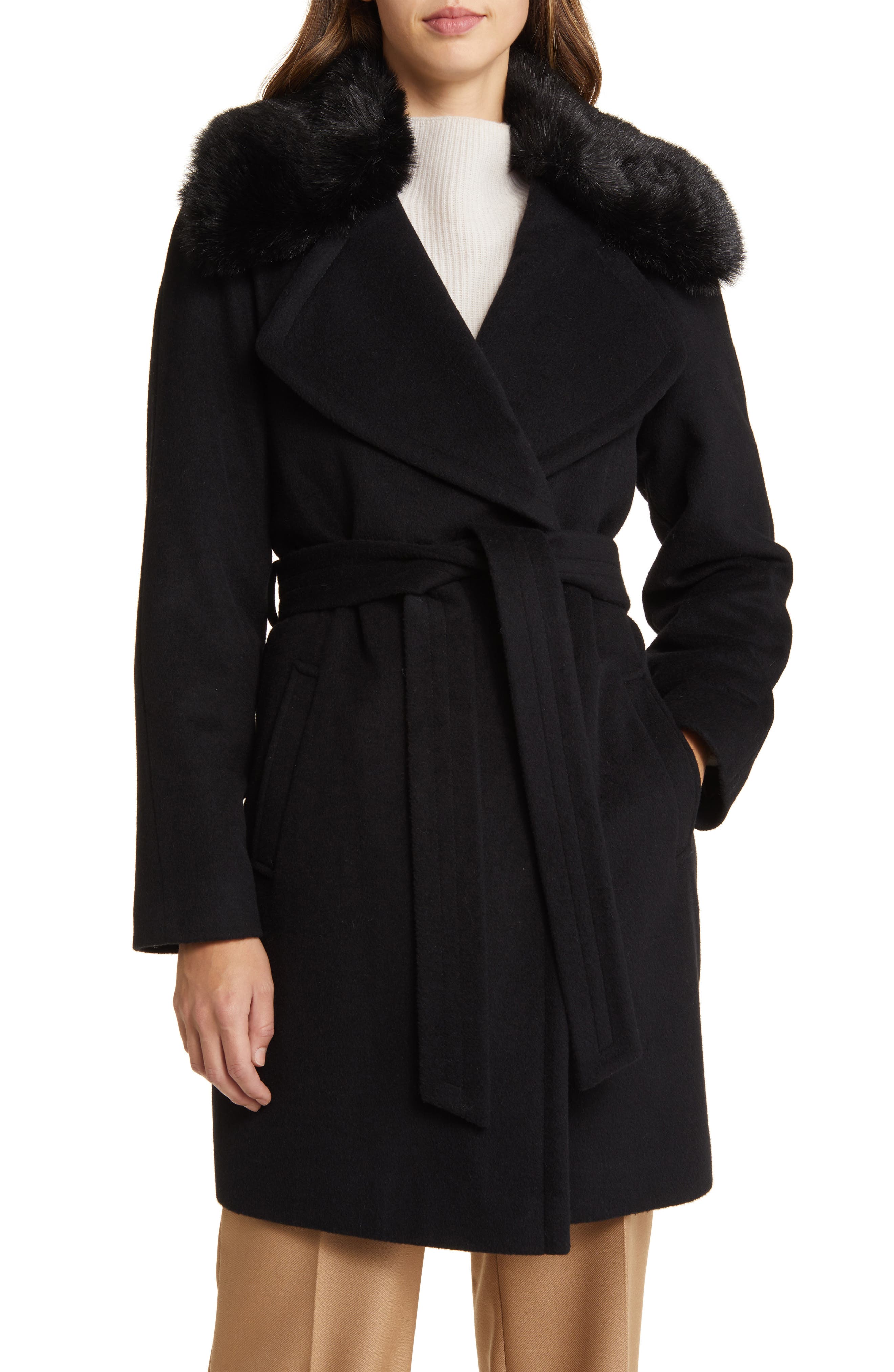 Via Spiga Belted Wool Blend Wrap Coat with Faux Fur Collar (Women