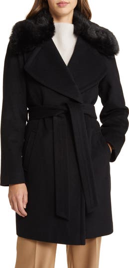 Belted Wrap Coat with Fur Cuffs - Beige main image 1