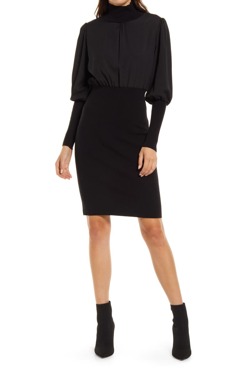 Krista Turtleneck Ballon Sleeve Knit Dress, Main, color, BLACK