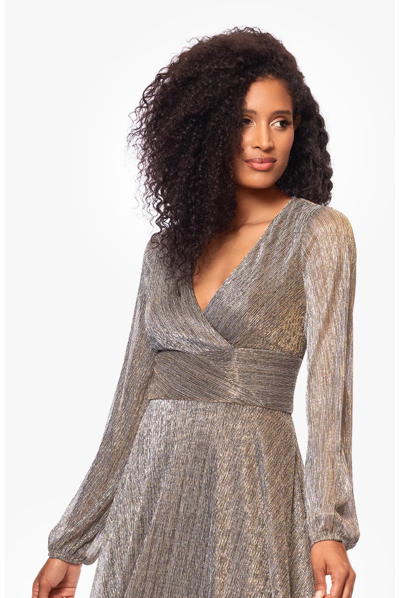 Metallic Wrap Bodice Long Sleeve Gown, Alternate, color, MOCHA/GOLD