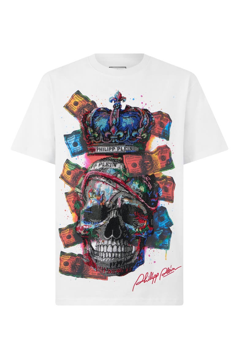 Round Neck T-Shirt Multicolor Dollar Skull Men, Main, color, white/multicolored