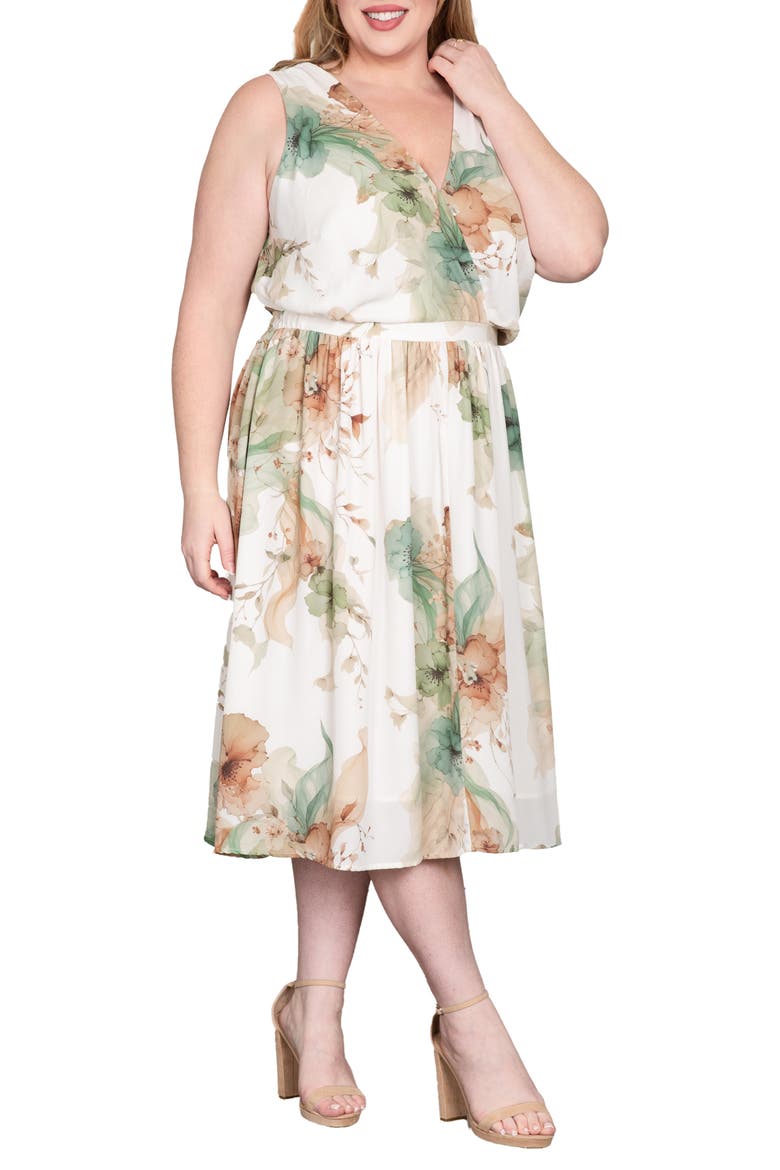 Floral Print Faux Wrap Midi Dress, Alternate, color, EGFLORAL