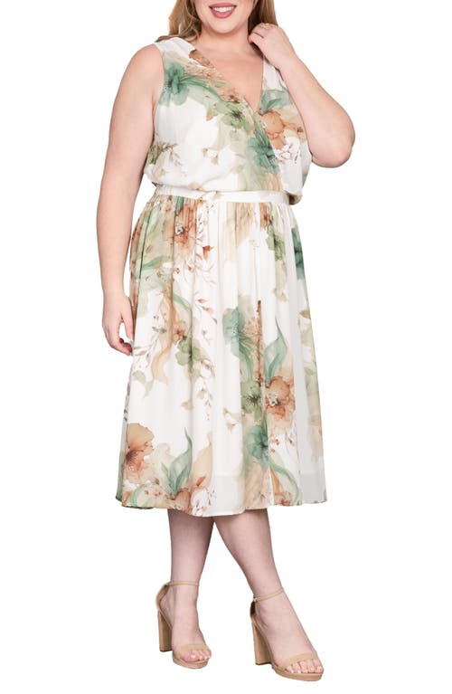 Standards & Practices Floral Print Faux Wrap V Neck Midi Dress In Egfloral