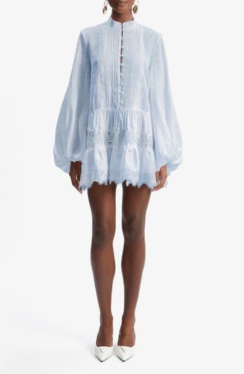 Bardot Antonia Lace Trim Long Sleeve Cotton & Linen Minidress In Blue