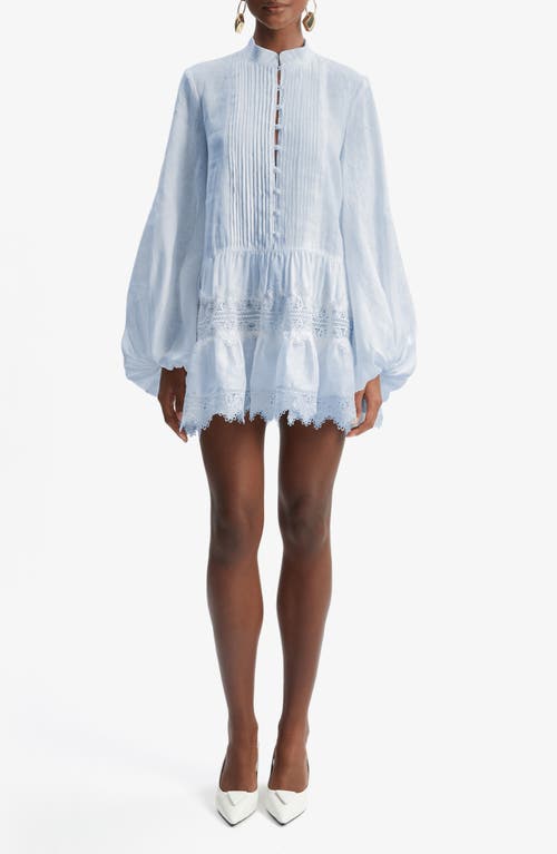 Bardot Antonia Lace Trim Long Sleeve Cotton & Linen Minidress In Blue