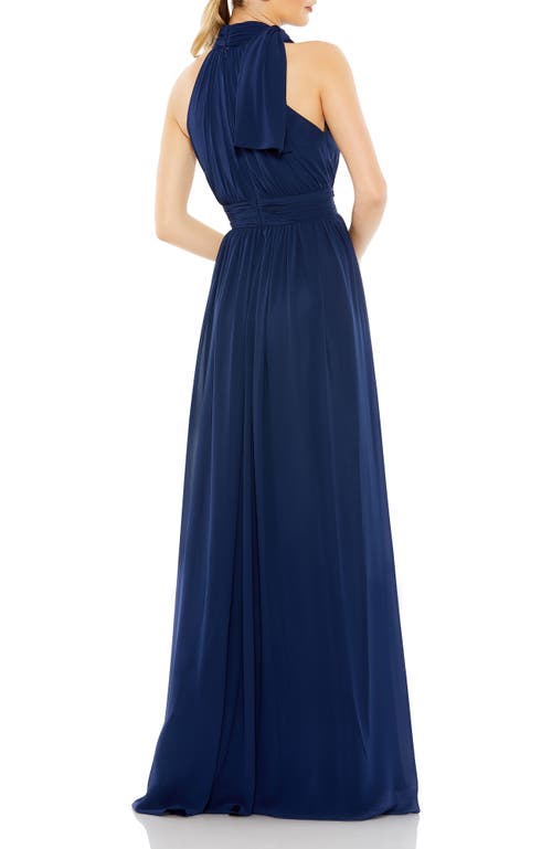 Mac Duggal Bejeweled Neckline Pleated Chiffon Gown Dress In Navy In Midnight