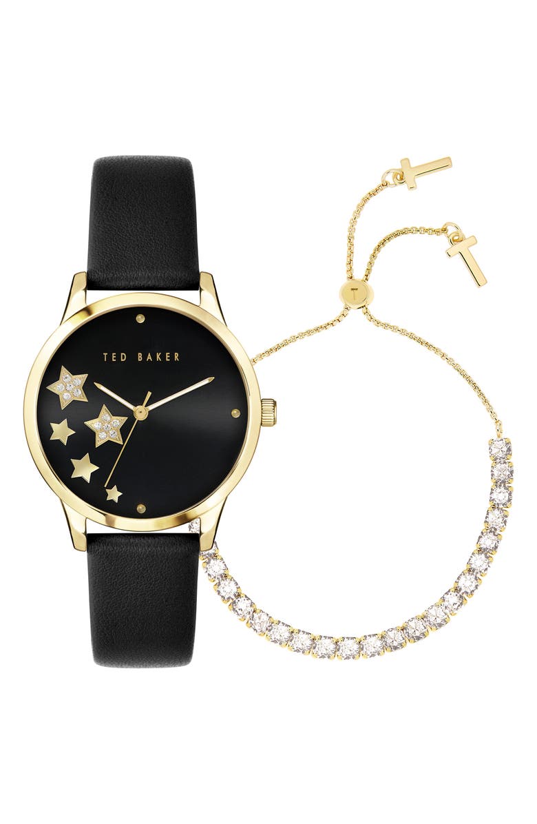 Ted Baker London Fitzrovia Leather Strap Watch & Bracelet Set, 34mm, Main, color, Yellow Gold/ Black/ Black