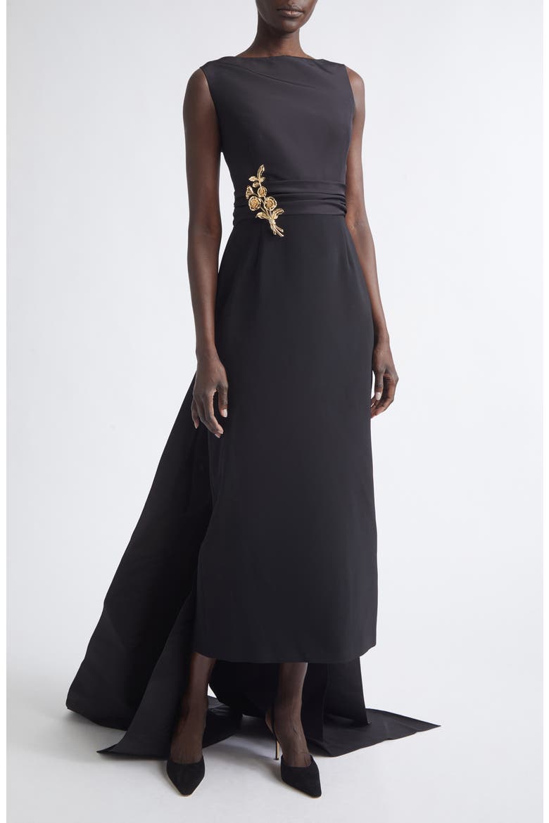Back Bow Silk Faille & Viscose Column Dress, Main, color, BLACK