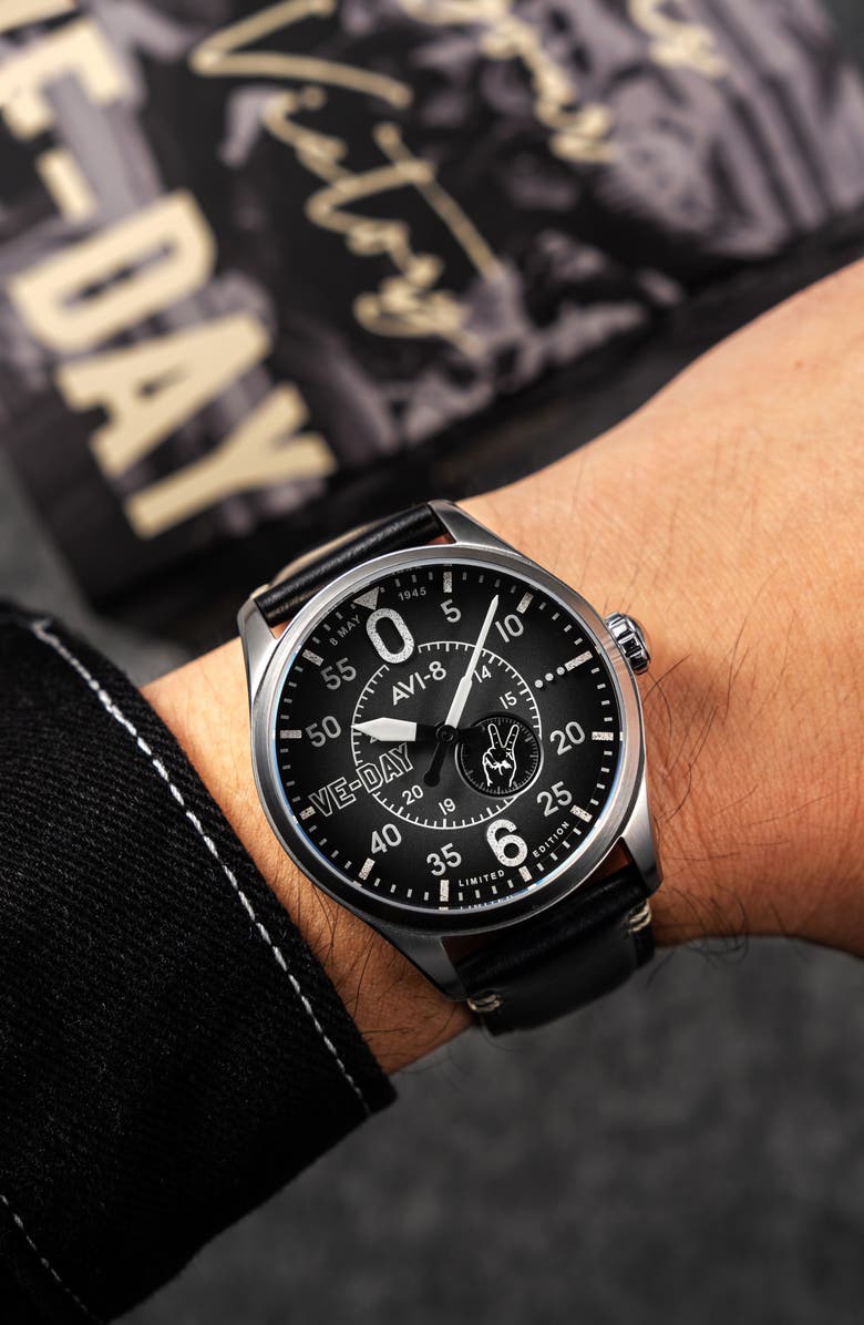 AVI-8 Spitfire Type 300 Automatic VE-Day 80th Anniversary Limited Edition Leather Strap Watch, 41mm, Alternate, color, Black