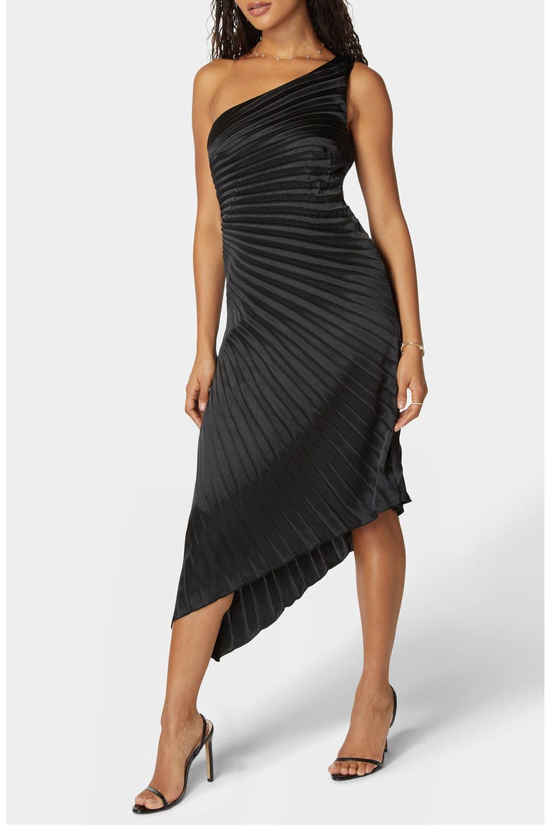 Pleated One-Shoulder Gown, Main, color, BLACK