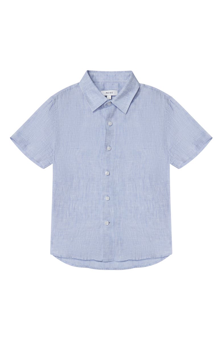 Reiss Kids' Holiday Jr. Short Sleeve Linen Button-Up Shirt, Main, color, Soft Blue