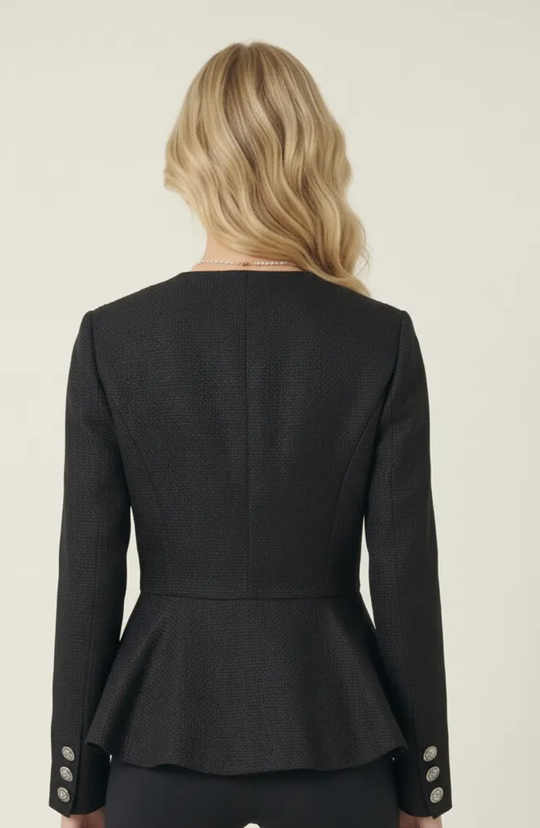 Modenaire Textured Round Neck Peplum Blazer, Alternate, color, Black