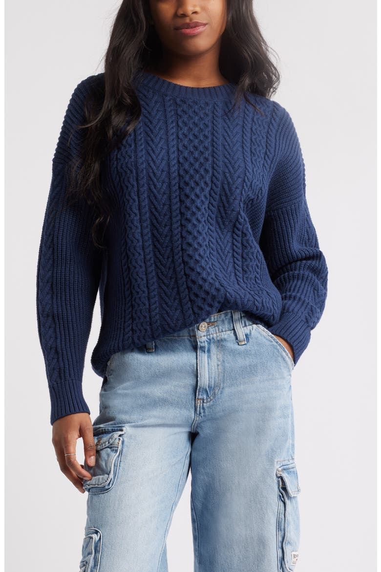 Oversize Cotton Blend Cable Sweater, Main, color, NAVY IRIS