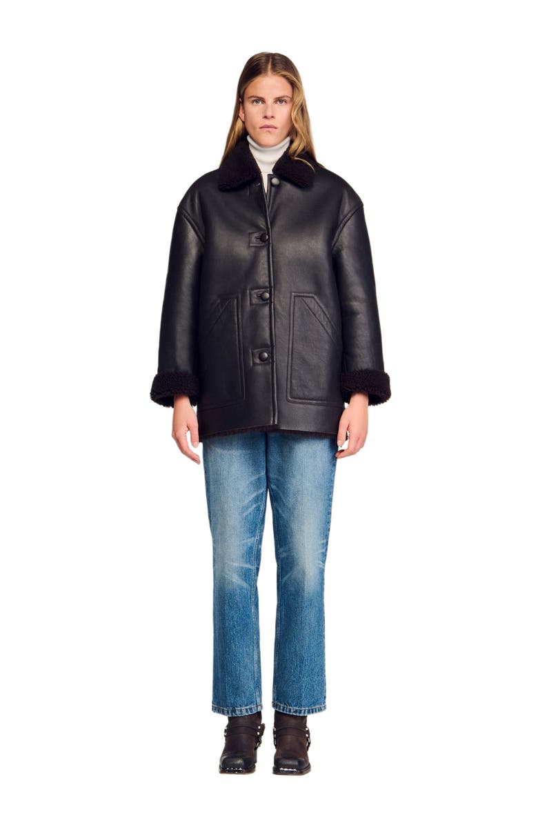 SANDRO Aviator shearling coat, Alternate, color, Black Brown