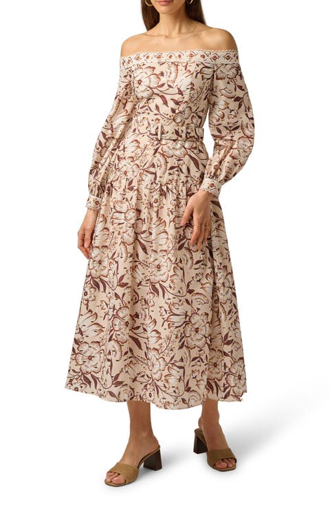Floral Metallic Fleck Off the Shoulder Belted Cotton Dress