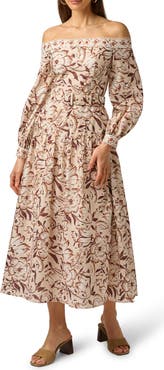 Adrianna Papell Floral Metallic Fleck Off the Shoulder Belted Cotton Dress