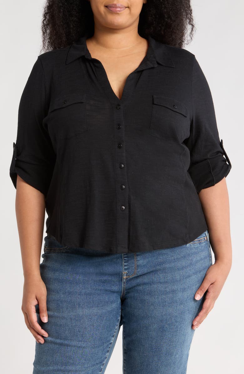 Caslon<sup>®</sup> Roll Sleeve Knit Button-Up Shirt, Main, color, Black