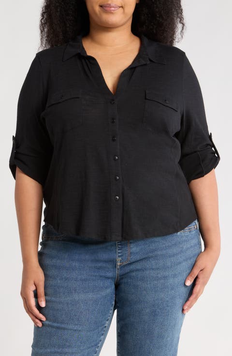 Roll Sleeve Knit Button-Up Shirt (Plus)