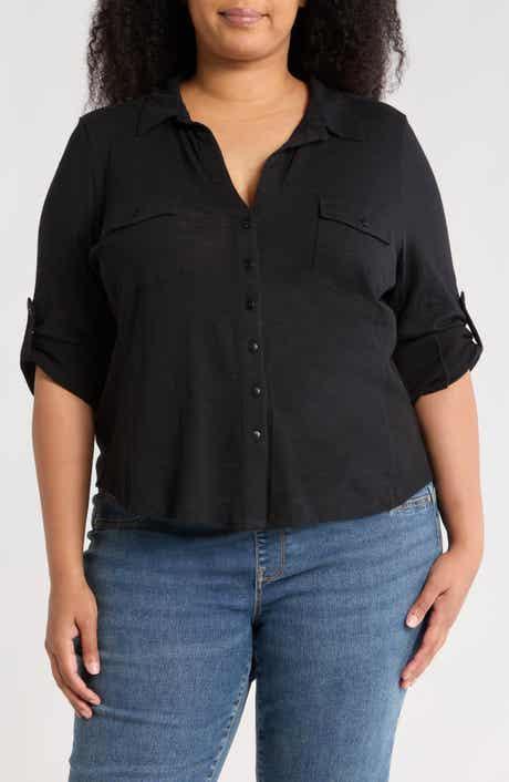 Caslon® Roll Sleeve Knit Button-Up Shirt