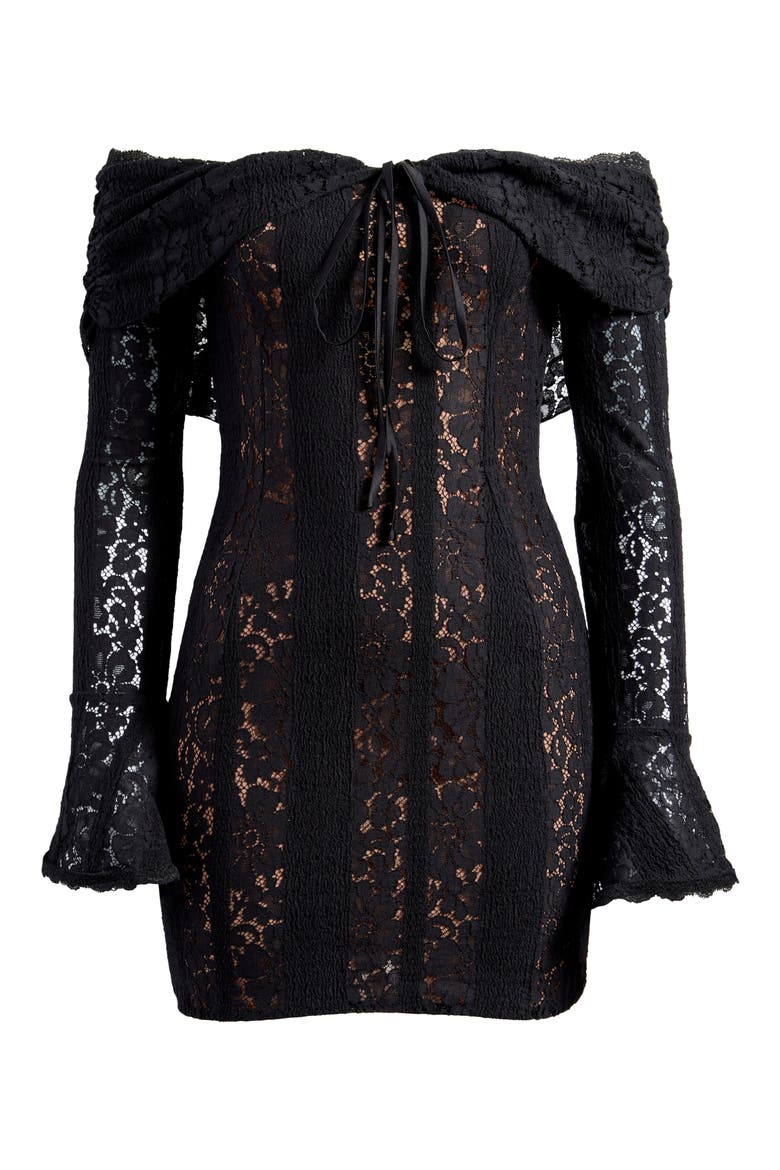 Sadie Off the Shoulder Long Sleeve Lace Minidress, Alternate, color, BLACK