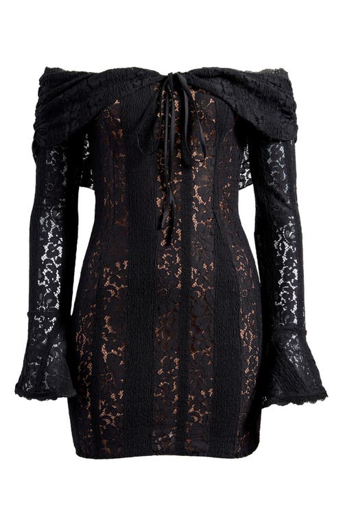 HOUSE OF CB HOUSE OF CB SADIE OFF THE SHOULDER LONG SLEEVE LACE MINIDRESS