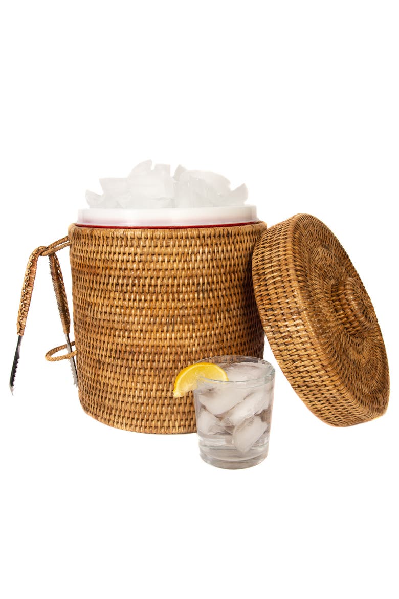 Artifacts Rattan Ice Bucket with Tongs, Alternate, color, Honey Brown