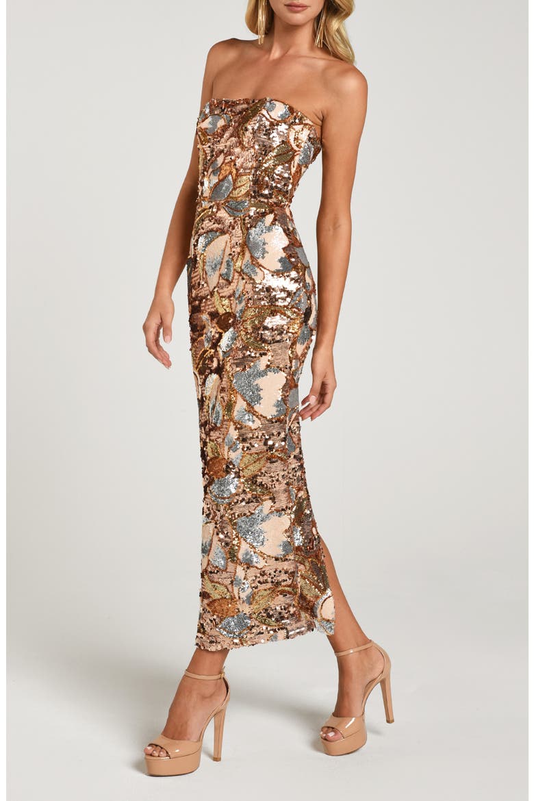 Leslie Pattern Sequin Strapless Gown, Alternate, color, GOLD/ PLATINUM