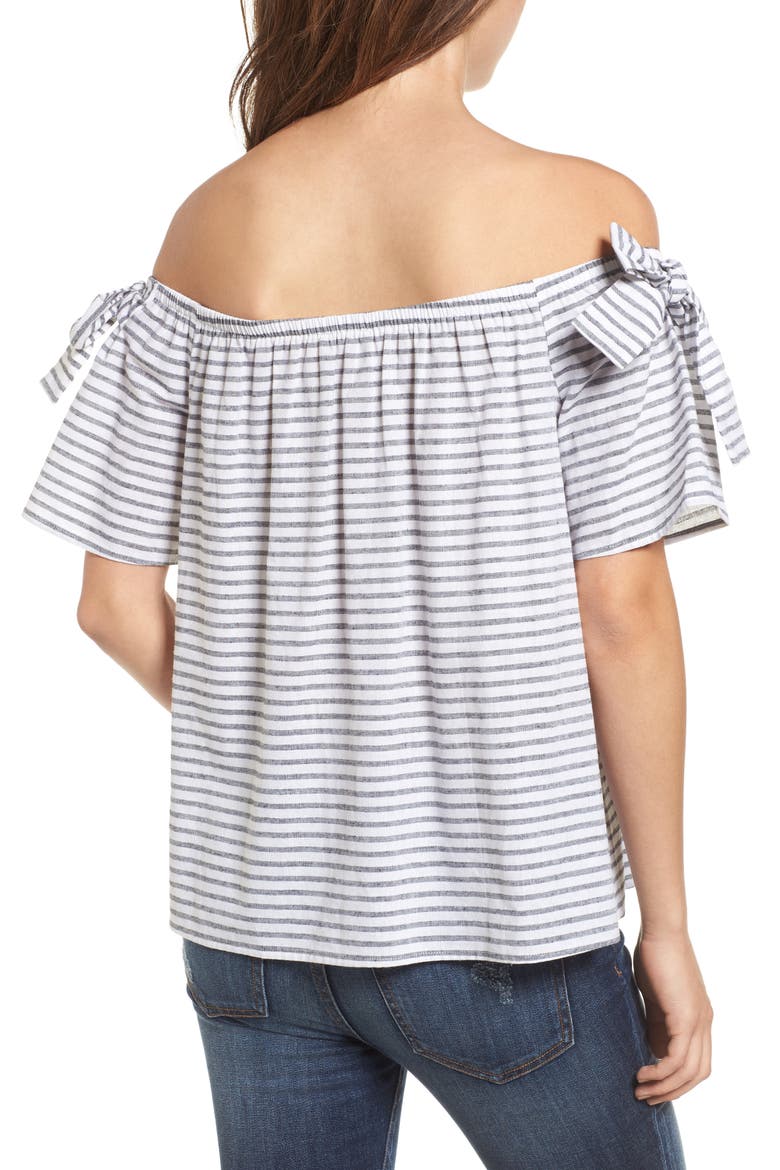 Stripe Cotton & Linen Off the Shoulder Top, Alternate, color, BLACK