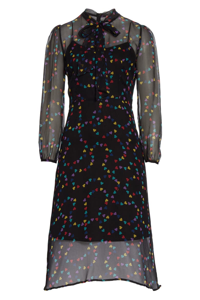 Elisa Tie Neck Long Sleeve Silk Chiffon Dress, Alternate, color, RAINBOW STRING OF HEARTS