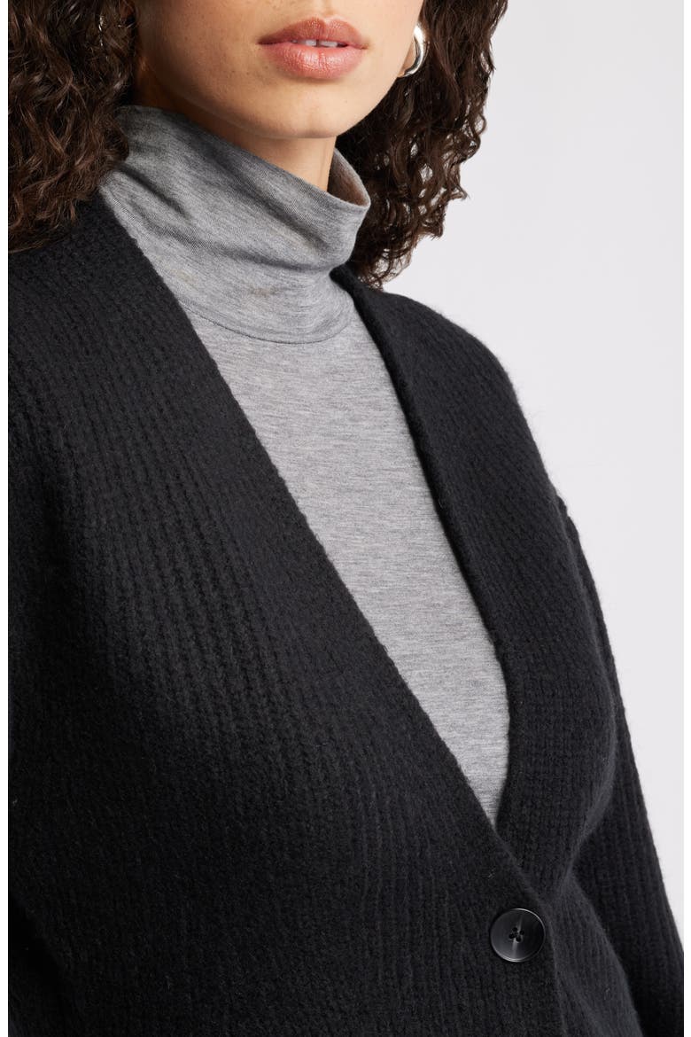One-Button V-Neck Rib Cardigan, Alternate, color, BLACK