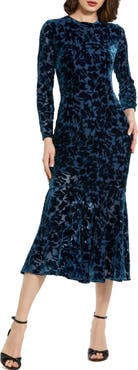 Mac Duggal Burnout Velvet Long Sleeve Ruffle Hem Midi Dress