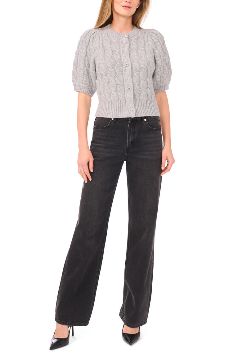Puff Sleeve Cable Cardigan, Alternate, color, LIGHT HEATHER GREY