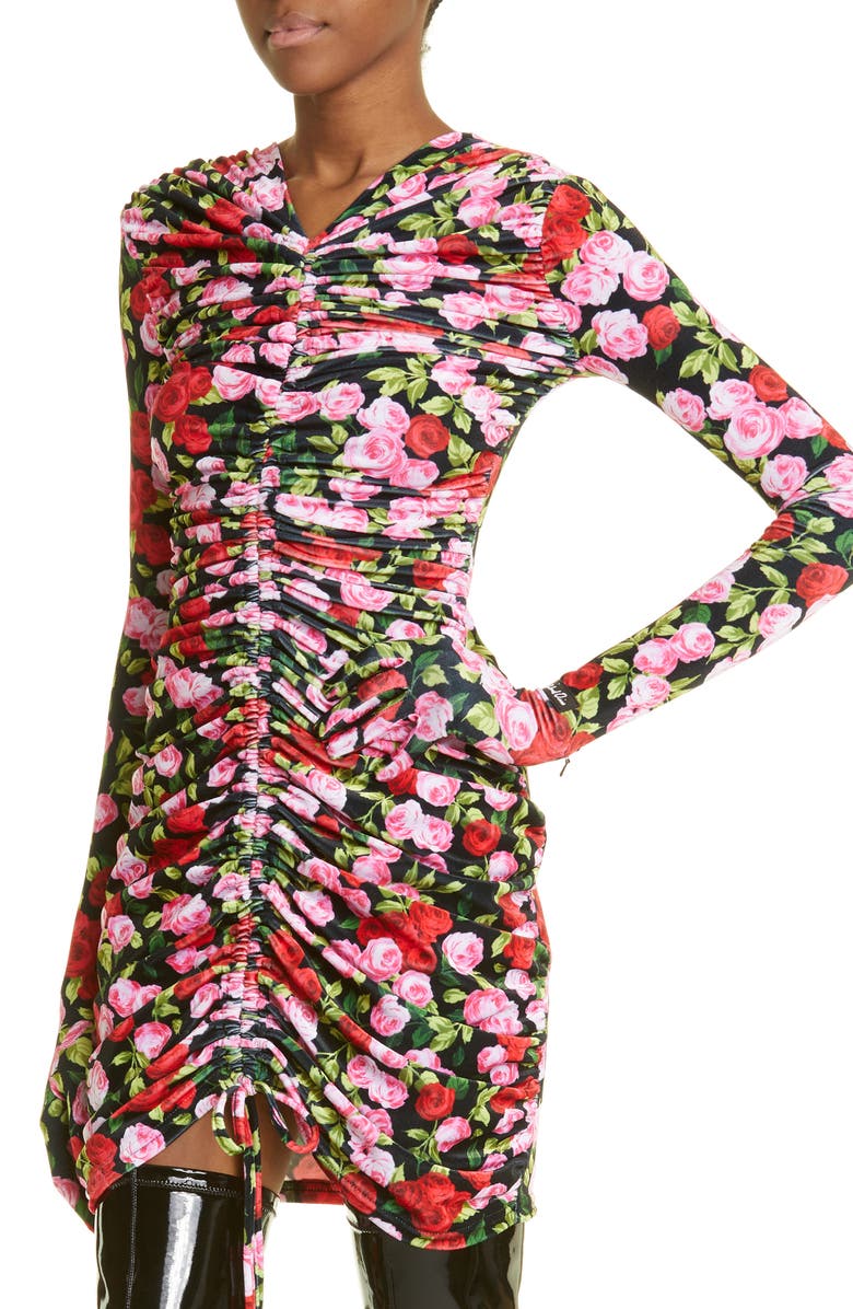 Richard Quinn Floral Glove Sleeve Ruched Velour Minidress, Alternate, color, 