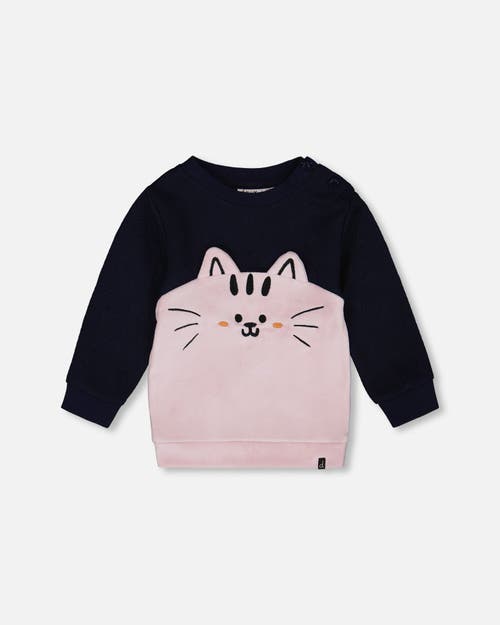 Deux Par Deux Long Bi-material Top With Cat In Blue