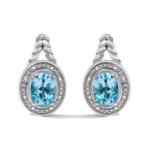 Sterling Silver Oval Blue Topaz and Diamond Accent Twist and Halo Drop Earrings