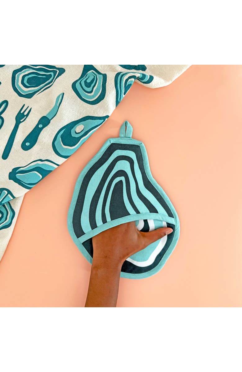 The Neighborgoods Oyster Tea Towel and Pot Holder Set, Alternate, color, Blue Green