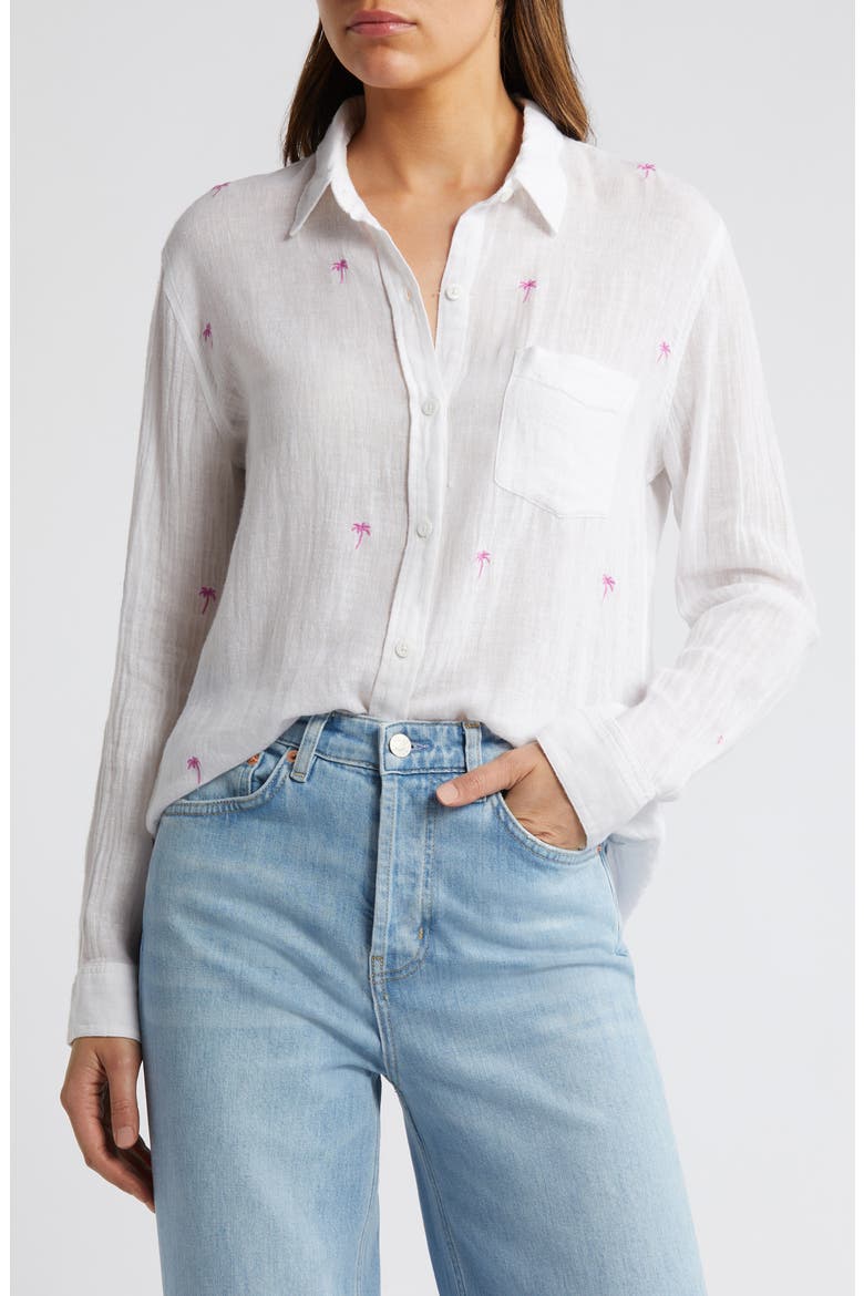Charli Palm Tree Embroidered Linen Blend Button-Up Shirt, Main, color, FUSCHIA EMBROIDERED PALMS